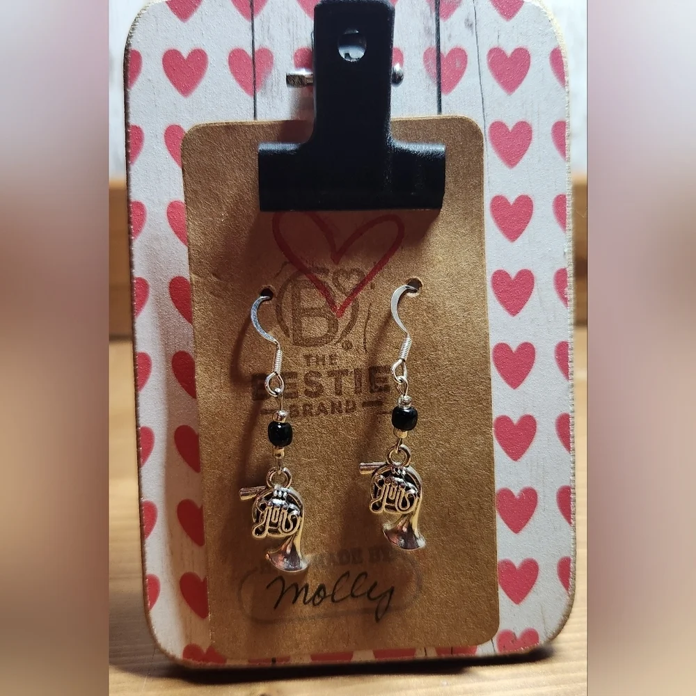 Silver in Color French Horn Charm Black Bead Dangle Band Earrings Music Class